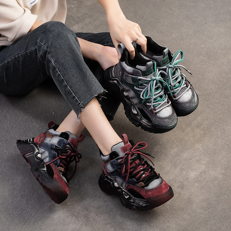 Sneakers Candy Women Fashion Patchwork Leather Chunky Platform Sneakers