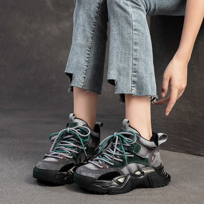 Starry Night Sneakers Women Fashion Patchwork Leather Chunky Platform Sneakers