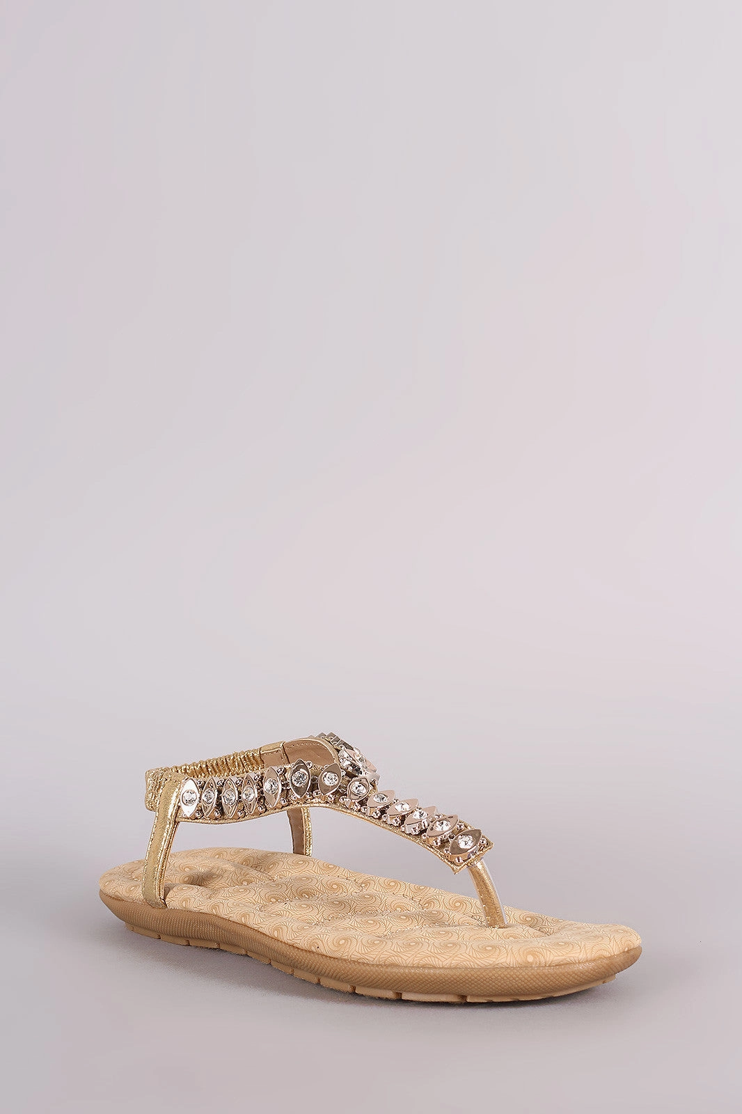 Rhinestone T-Strap Elasticized Slingback Flat Sandal Flat Shoe Square Shoe Molding