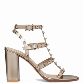 Bare Feet In High Heels Rockstud Gladiator Block 90 Nappa, Metallic Skin