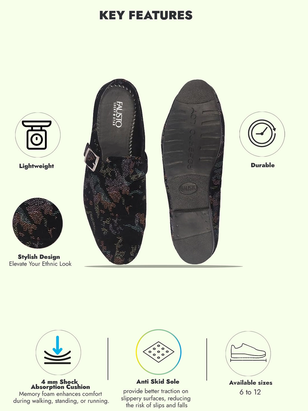 Comfort Hiking Shoes Men Black Abstract Print Back Open Velvet Ethnic Kurta Shoes Mojaris with Side Adjustable Strap|Festive Shoes Slip On