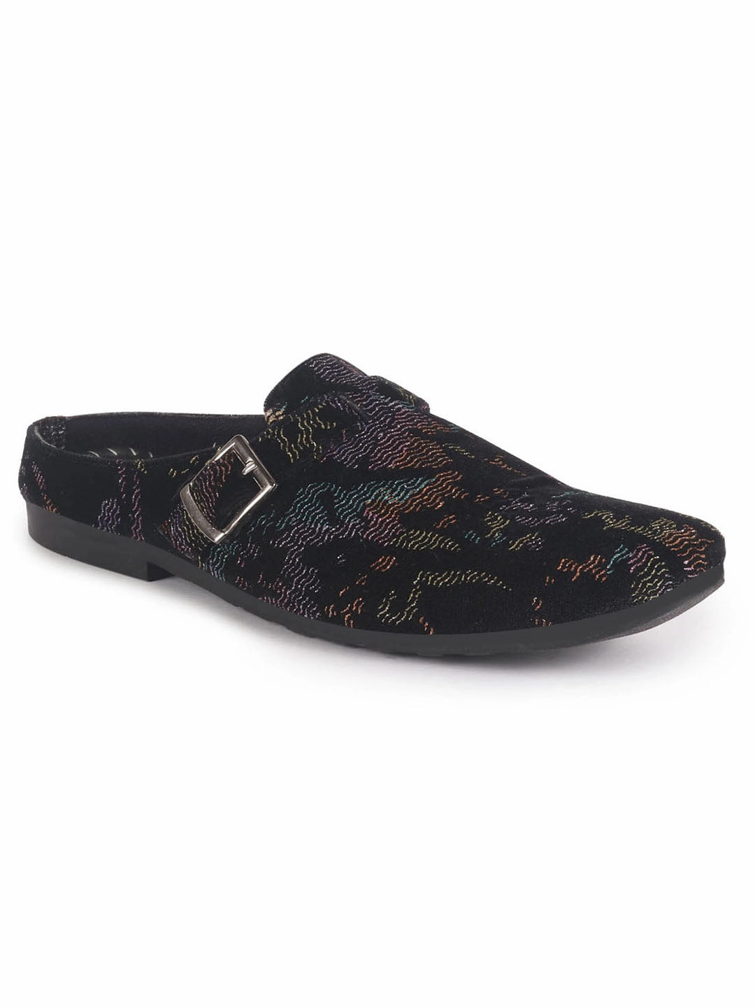 Hiking Shoes Heel Slip Men Black Abstract Print Back Open Velvet Ethnic Kurta Shoes Mojaris with Side Adjustable Strap|Festive Shoes Slip On