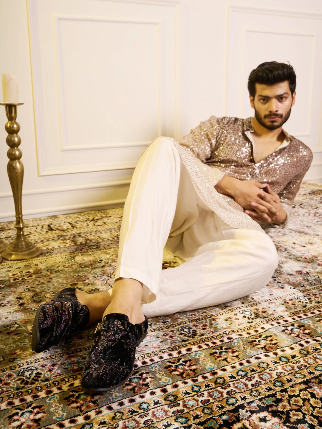 Camel Hiking Shoes Men Black Abstract Print Back Open Velvet Ethnic Kurta Shoes Mojaris with Side Adjustable Strap|Festive Shoes Slip On