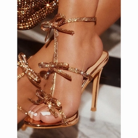 Sandals Stiletto Gold Bow  Sparkly Strappy Knot Women's Negril Restaurants
