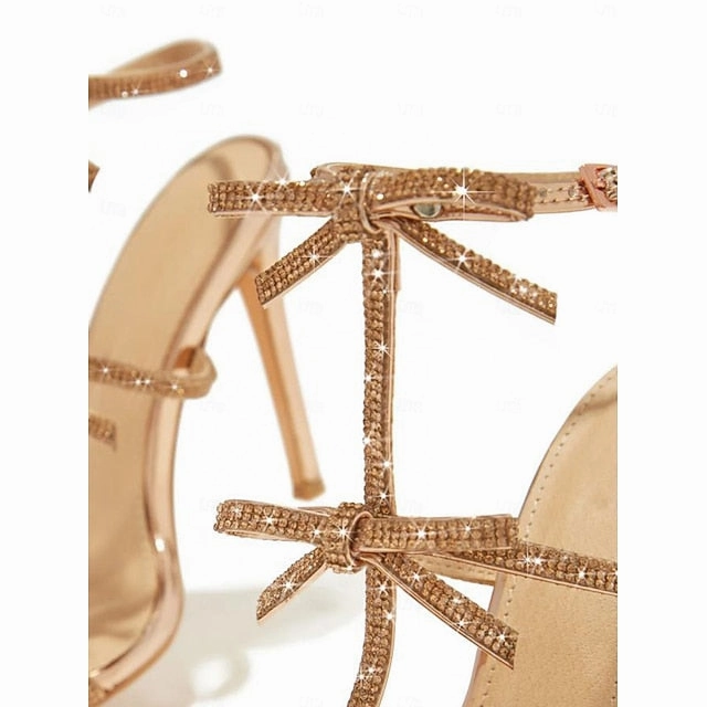 Sandals Stiletto Gold Bow  Sparkly Strappy Knot Women's
