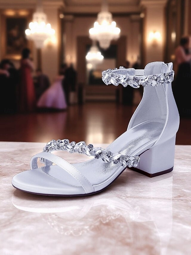 Satin Heel Block Sandals - Purple Women's Crystal