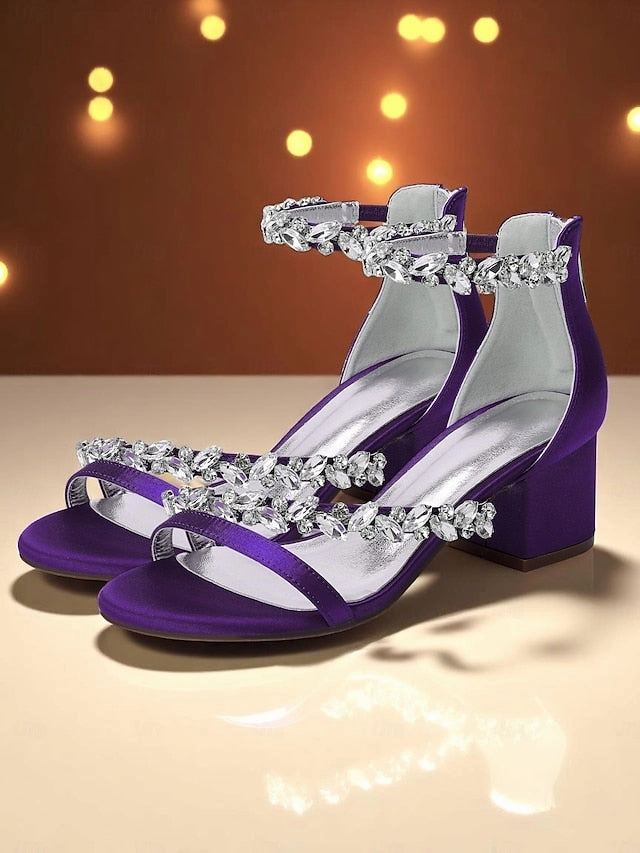 Satin Heel Block Sandals - Purple Women's Crystal