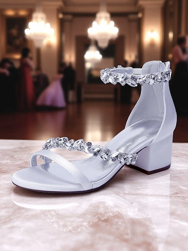 Satin Heel Block Sandals - Purple Women's Crystal