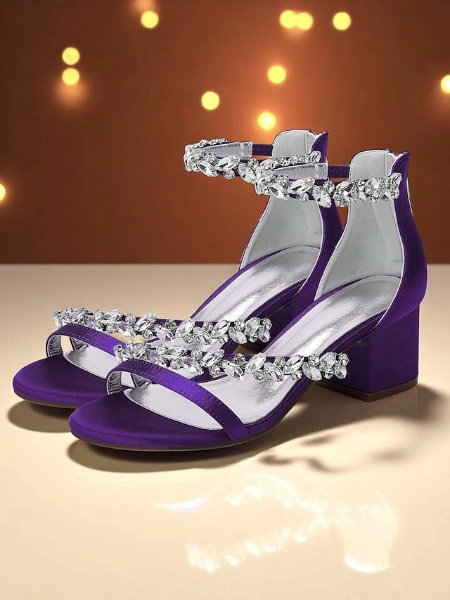 Satin Heel Block Sandals - Purple Women's Crystal