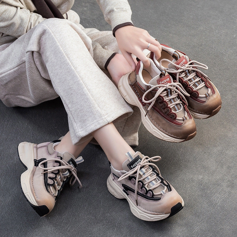 Old Sneakers Women Fashion Quilted Leather Thick Soled Casual Sneakers