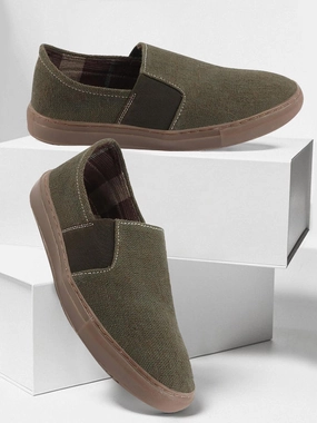Men Olive Colorblocked Classic Jute/Fabric Slip On Canvas Sneaker Slip On Casual Shoes Ecco Golf Casual Hybrid Shoes