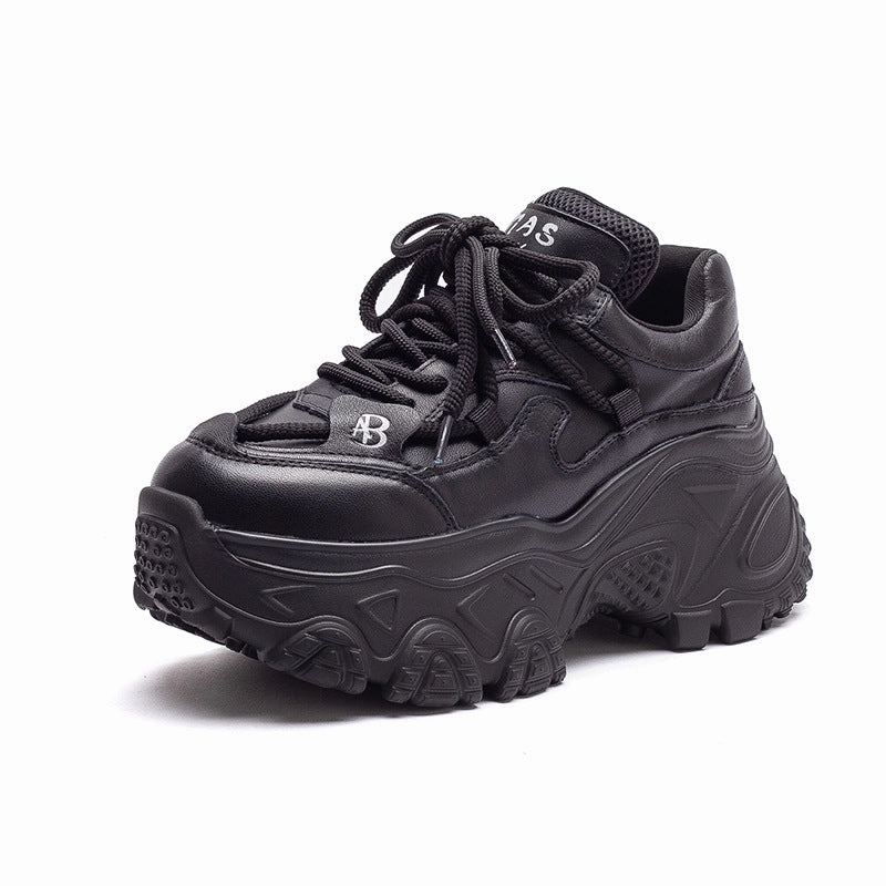 Women's Retro Plain Leather Chunky Platform Sneakers Construction Sneakers