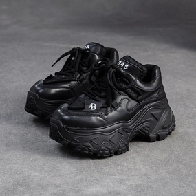 Women's Retro Plain Leather Chunky Platform Sneakers Balance Walking Sneakers