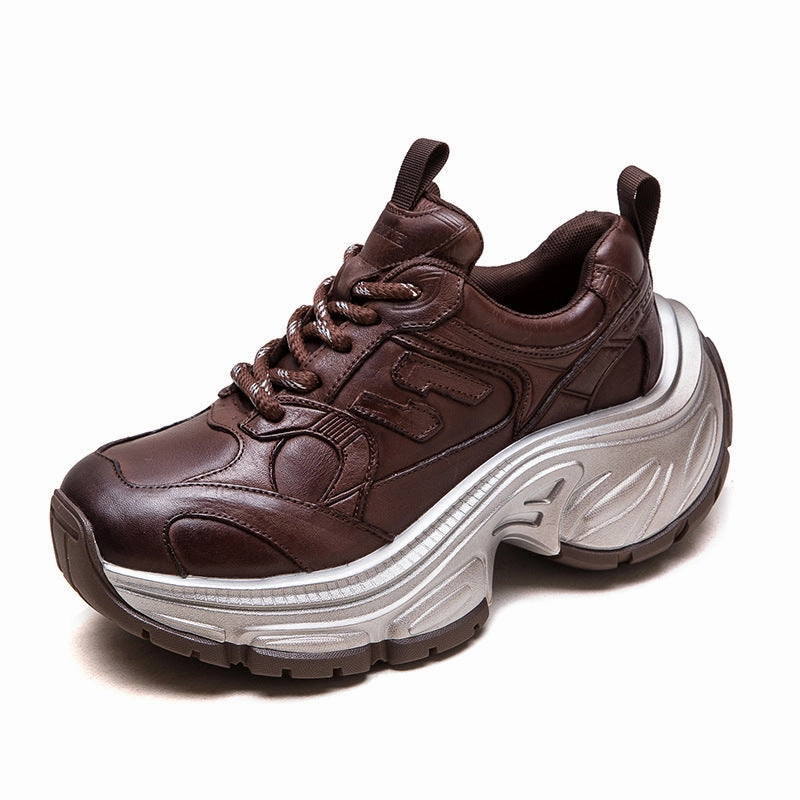 Women Vintage Casual Leather Chunky Platform Sneakers Slip On Canvas Sneakers