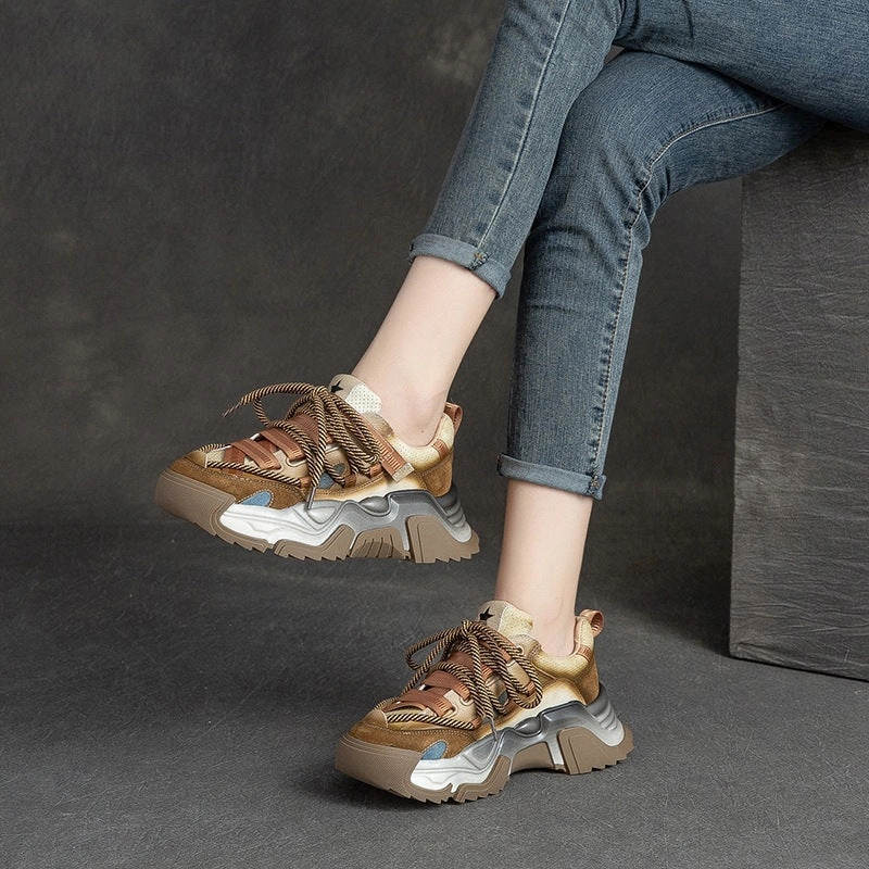 Women Retro Patchwork Leather Platform Dad Sneakers Go Walk Flex Sneakers