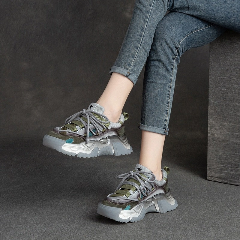 Women Retro Patchwork Leather Platform Dad Sneakers Low Sneakers