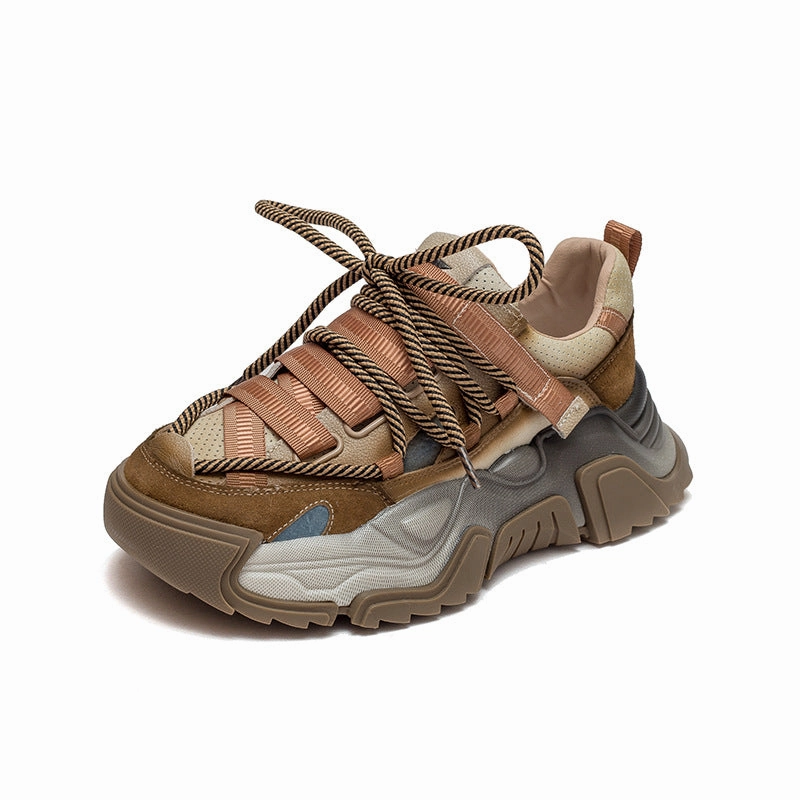 Women Retro Patchwork Leather Platform Dad Sneakers Good Sneakers For Working Out
