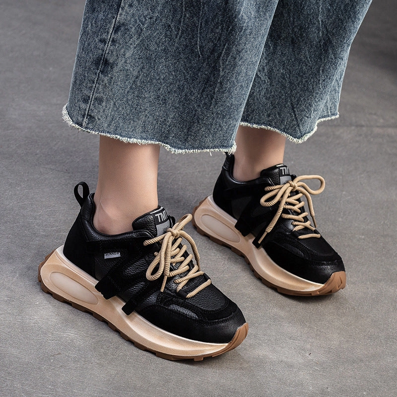 Low Cut Sneakers Women Retro Patchwork Leather Thick Soled Sneakers