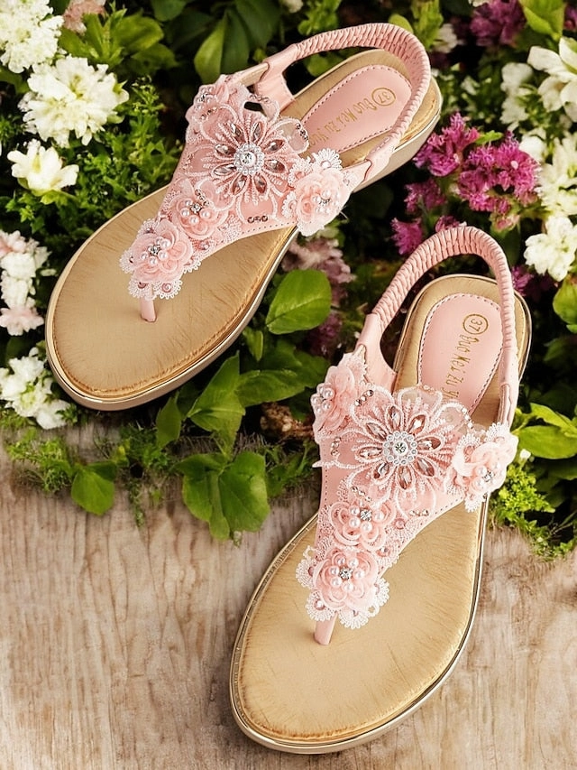 T-Strap Embellished Floral Lace Pink  Sandals Women's