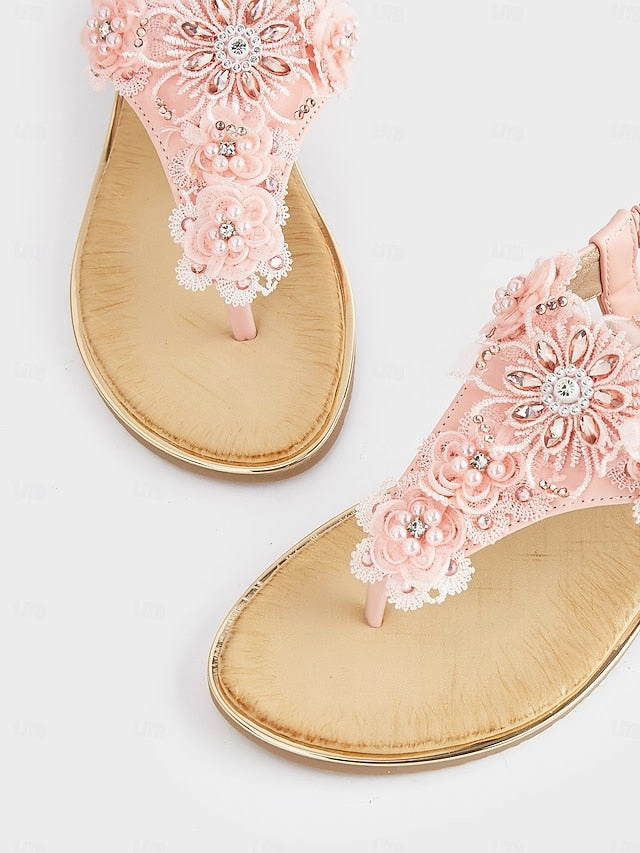 T-Strap Embellished Floral Lace Pink  Sandals Women's