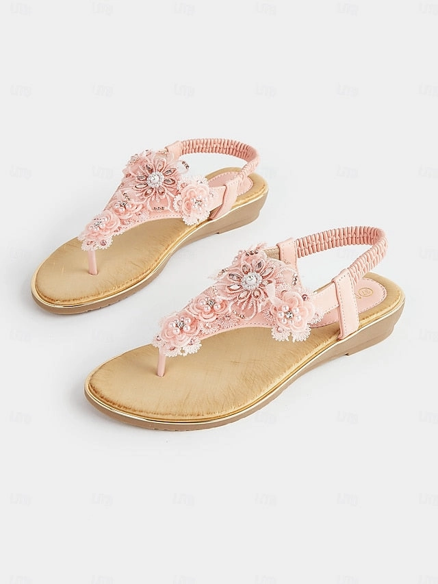 Sandals Beaches Resorts T-Strap Embellished Floral Lace Pink  Sandals Women's