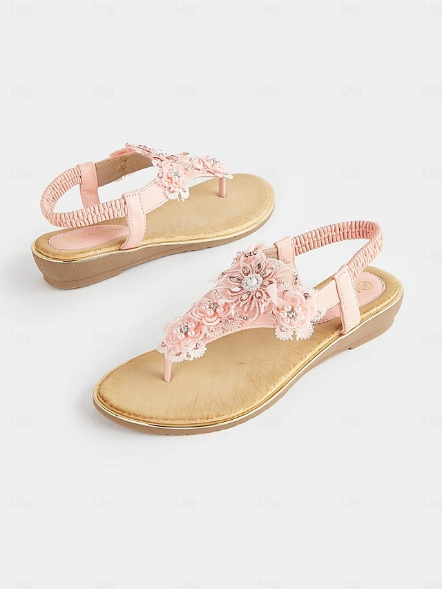 T-Strap Embellished Floral Lace Pink  Sandals Women's