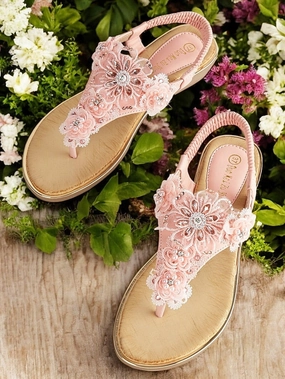 Espadrille Slide Sandals T-Strap Embellished Floral Lace Pink  Sandals Women's