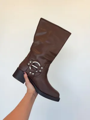 Short Combat Boots With Heel Alex Mid Calf Buckle Booties- Brown