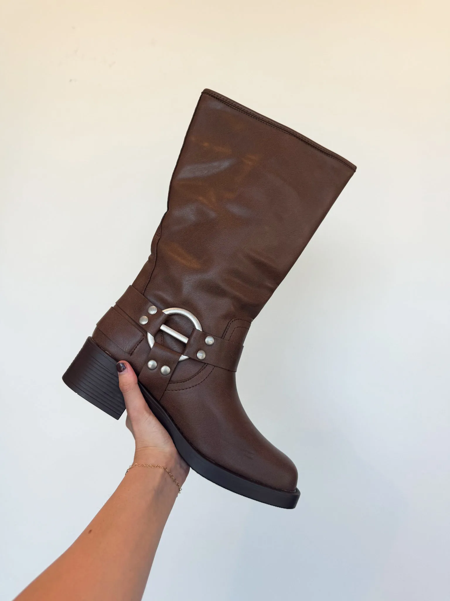 Combat Boots Laces Alex Mid Calf Buckle Booties- Brown