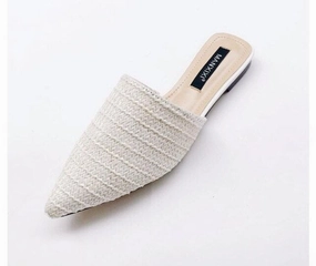 Grey Slides Summer New Women's Solid Toe-covered Slipper Fashion Pointed Woven Breathable Lazy Slippers Flat Sandals Women Mule Slides Shoes