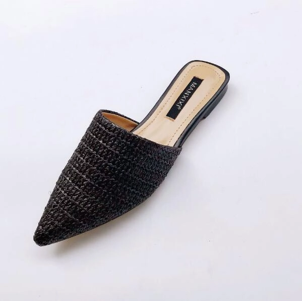 Slippers Funkette Summer New Women's Solid Toe-covered Slipper Fashion Pointed Woven Breathable Lazy Slippers Flat Sandals Women Mule Slides Shoes