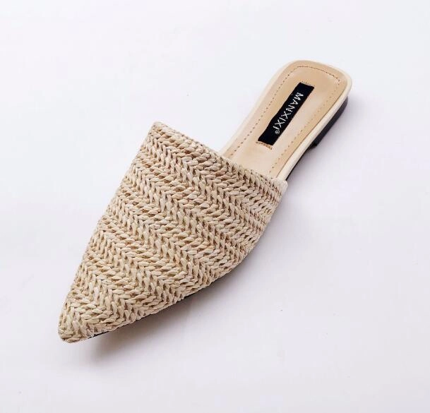 Summer New Women's Solid Toe-covered Slipper Fashion Pointed Woven Breathable Lazy Slippers Flat Sandals Women Mule Slides Shoes Best Slippers Plantar Fasciitis
