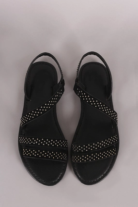 Dress Shoes Flats Bamboo Nubuck Studded Asymmetrical Strappy Flat Sandal