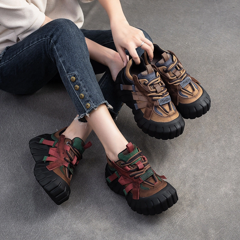 Women Retro Patchwork Leather Chunky Platform Sneakers Sneakers On Line