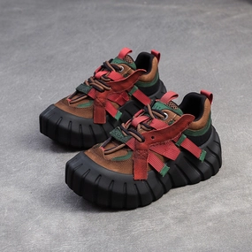 Women Retro Patchwork Leather Chunky Platform Sneakers Sneakers With Embroidery Design