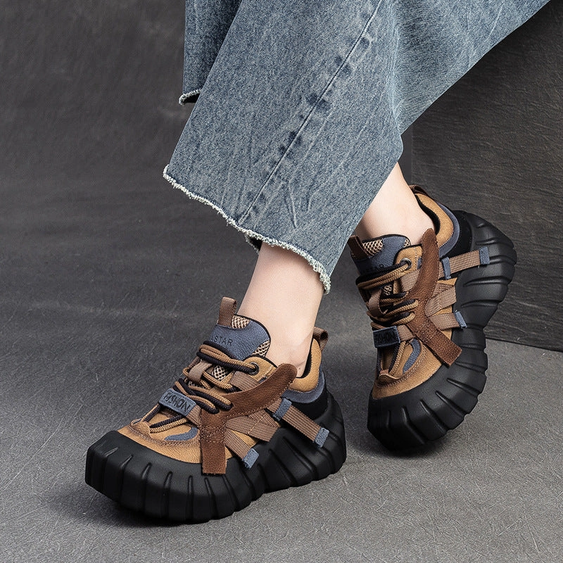 Deals On Sneakers Women Retro Patchwork Leather Chunky Platform Sneakers