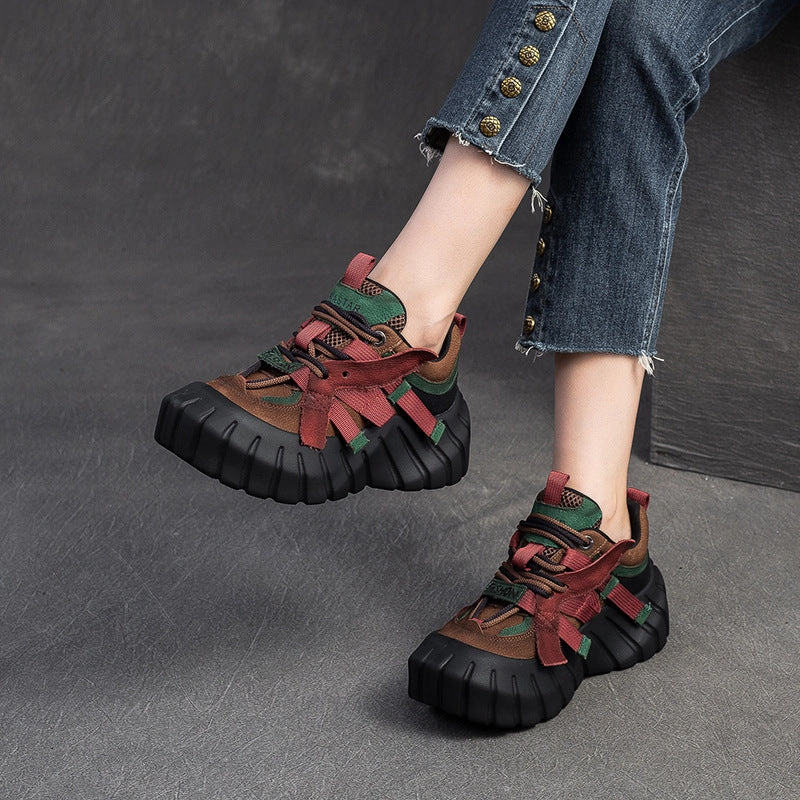 Sneakers Clearance Sale Women Retro Patchwork Leather Chunky Platform Sneakers