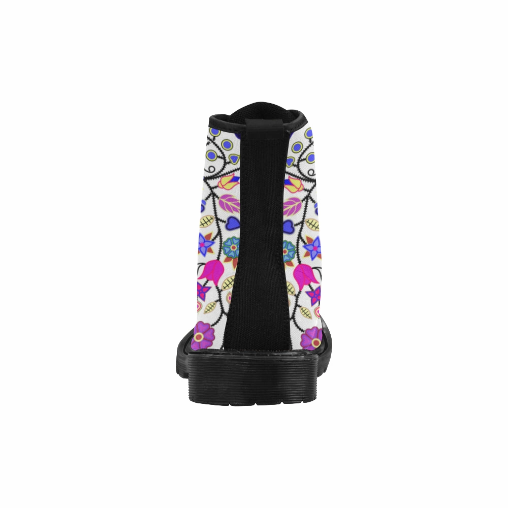 Leather Sole Boots Floral Beadwork Seven Clans White Boots for Women (Black)