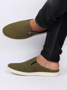 Vent Hiking Shoes Men Olive Green Casual Back Open Canvas Stylish Slip On Shoes