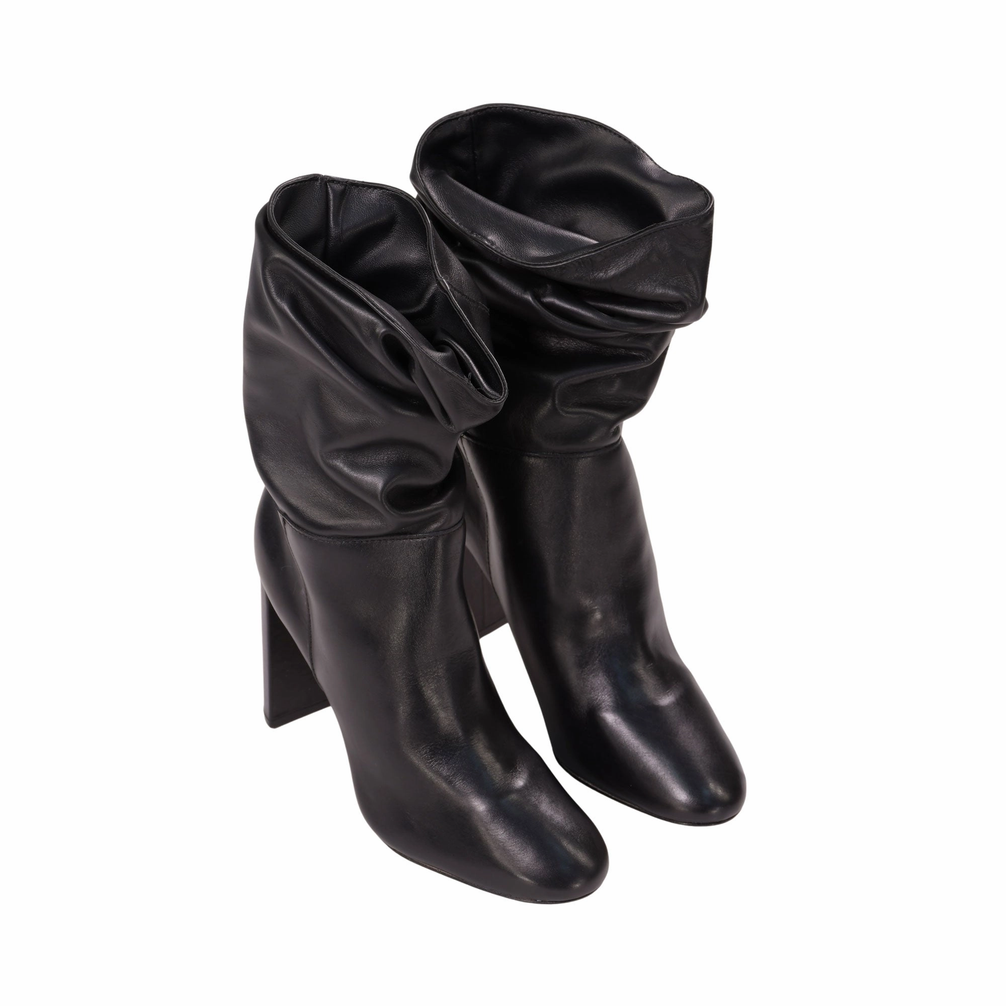 Schutz Women's Black Heel Mid-Calf Wrinkled Leather Boot Wingtip Dress Boots