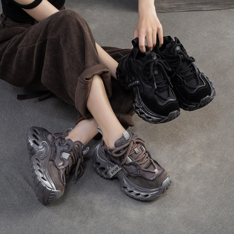 Women's Vintage Leather Chunky Platform Sneakers White Sneakers With Suit