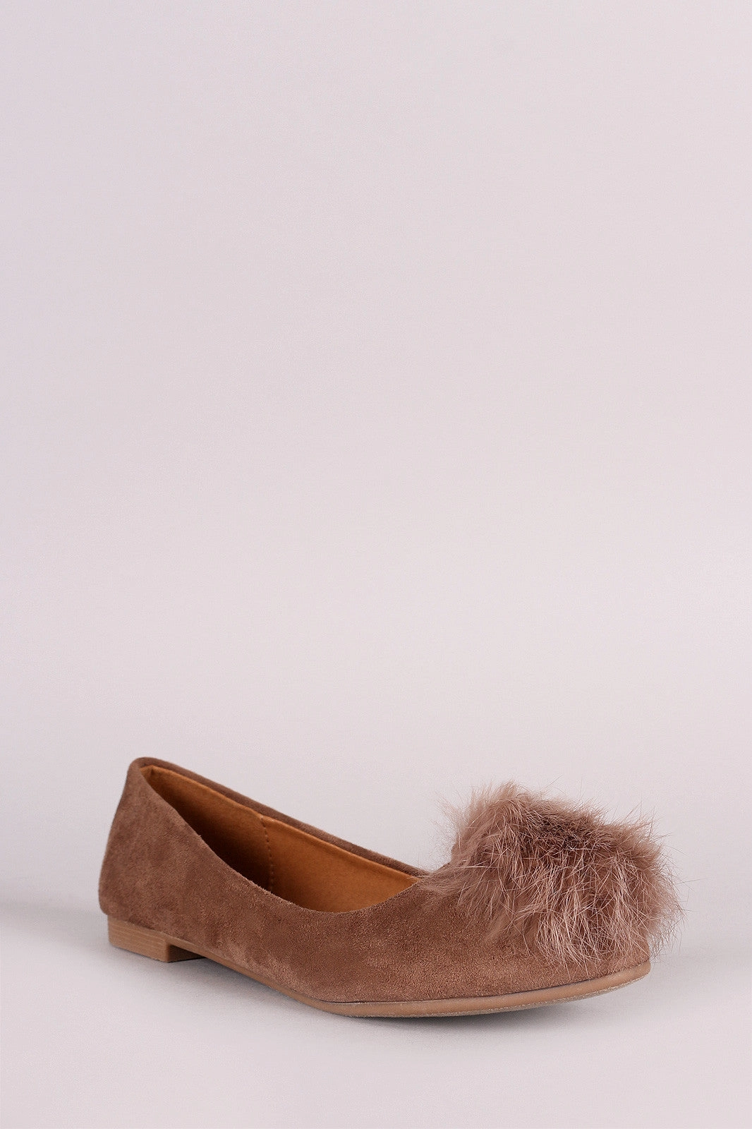 Flat Bottom Dress Shoes Vegan Suede Furry Pom Pom Ballet Flat