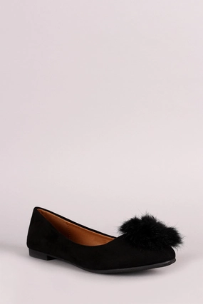Vegan Suede Furry Pom Pom Ballet Flat Platform Flat Shoes