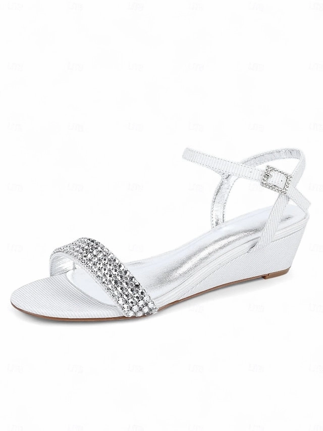 Rhinestone Sandals Toe Open Champagne Wedge Women's -