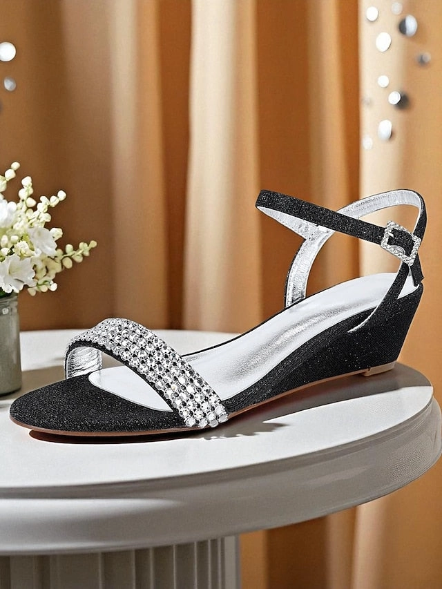 Fuzzy Croc Sandals Rhinestone Sandals Toe Open Champagne Wedge Women's -