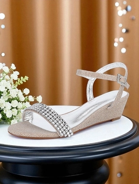 Sandals With The Bow Rhinestone Sandals Toe Open Champagne Wedge Women's -