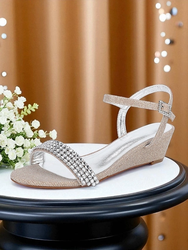 Meditation Sandals Rhinestone Sandals Toe Open Champagne Wedge Women's -