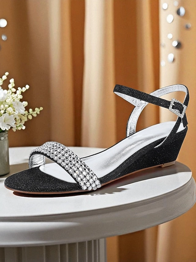 Rhinestone Sandals Toe Open Champagne Wedge Women's -
