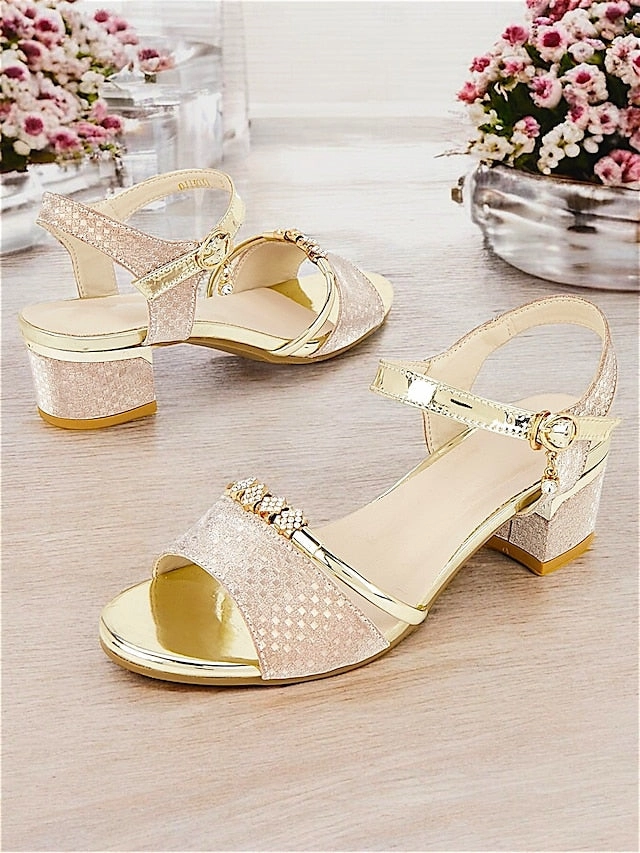 Heel  Block for Women Sandals Rhinestone-Embellished Gold Raffia Flat Sandals