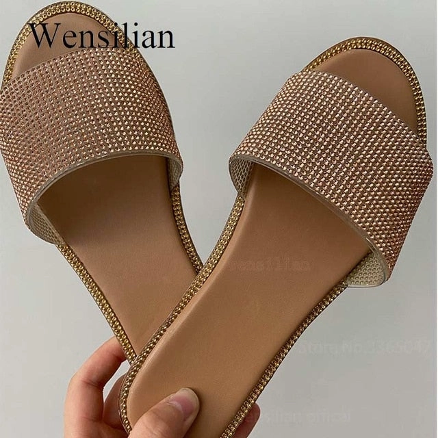 Summer Women Sandals Bling Slippers Ladies Crystal Slides Flat Glitter Gladiator Sandals Beach Shoes Female Sandalia Feminina